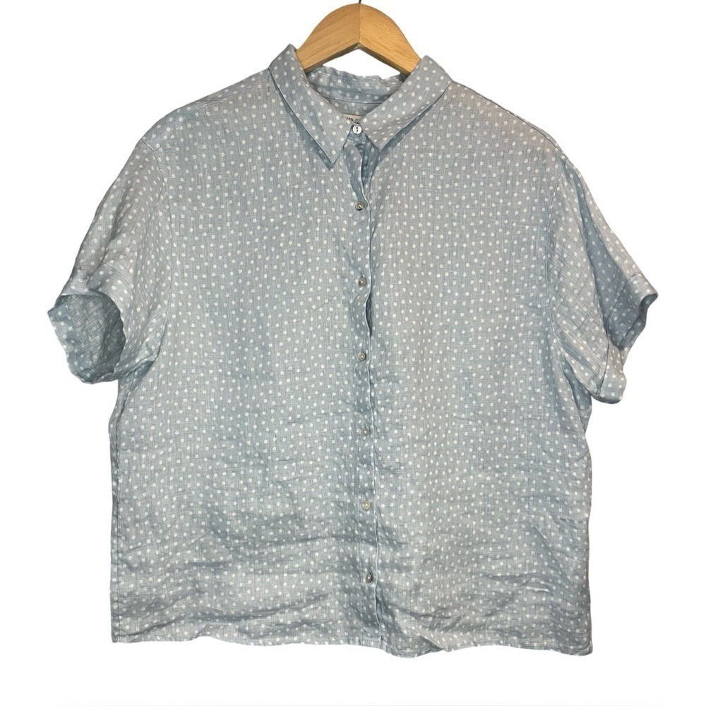 Rachel Zoe 100% Linen Light Blue Polkadot Women's Short-sleeve Button Up Shirt - Picture 2 of 5
